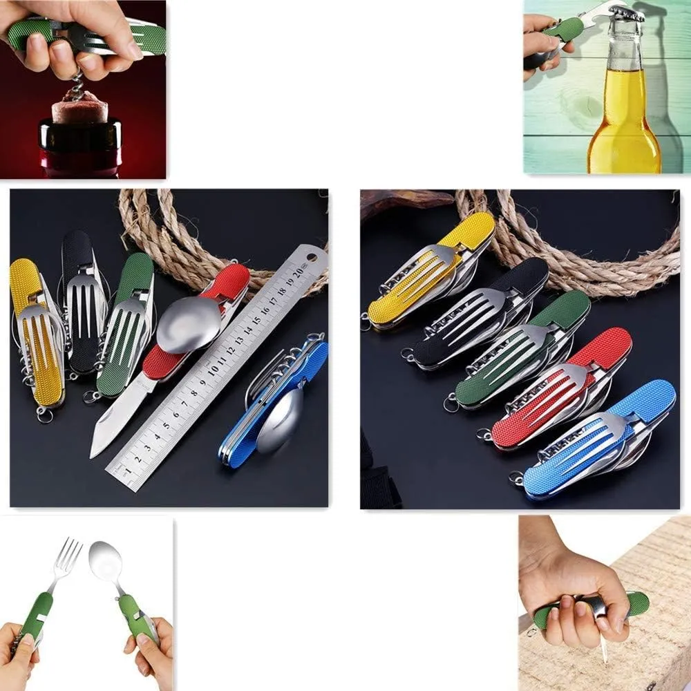 6-in-1 Multi-Function Camping Utensil Flatware Set Detachable Spoon Fork Knife Combo Mess Kit with Carrying Pouch (Black   Green)