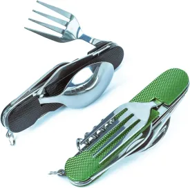 6-in-1 Multi-Function Camping Utensil Flatware Set Detachable Spoon Fork Knife Combo Mess Kit with Carrying Pouch (Black   Green)