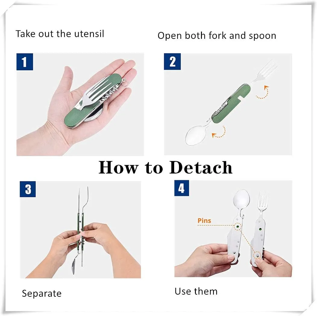 6-in-1 Multi-Function Camping Utensil Flatware Set Detachable Spoon Fork Knife Combo Mess Kit with Carrying Pouch (Black   Green)
