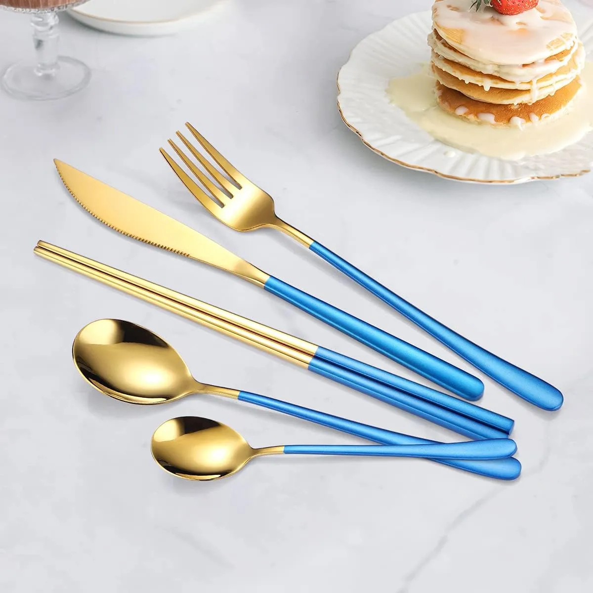AARAINBOW 6 Pieces 18/8 Stainless Steel Flatware Set Portable Reusable Cutlery Set Travel Utensils Set Including Chopsticks Knife Fork Spoon Straws Cleaning Brush Dishwasher Safe (Blue golden)