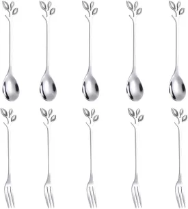 AnSaw 10-Pc Silver Mini Spoons & Forks Set, 4.7" - Stainless Steel, Leaf Handle, Ideal for Coffee,Tea, Appetizers, Tastings, Parties, Charcuterie & Cocktails