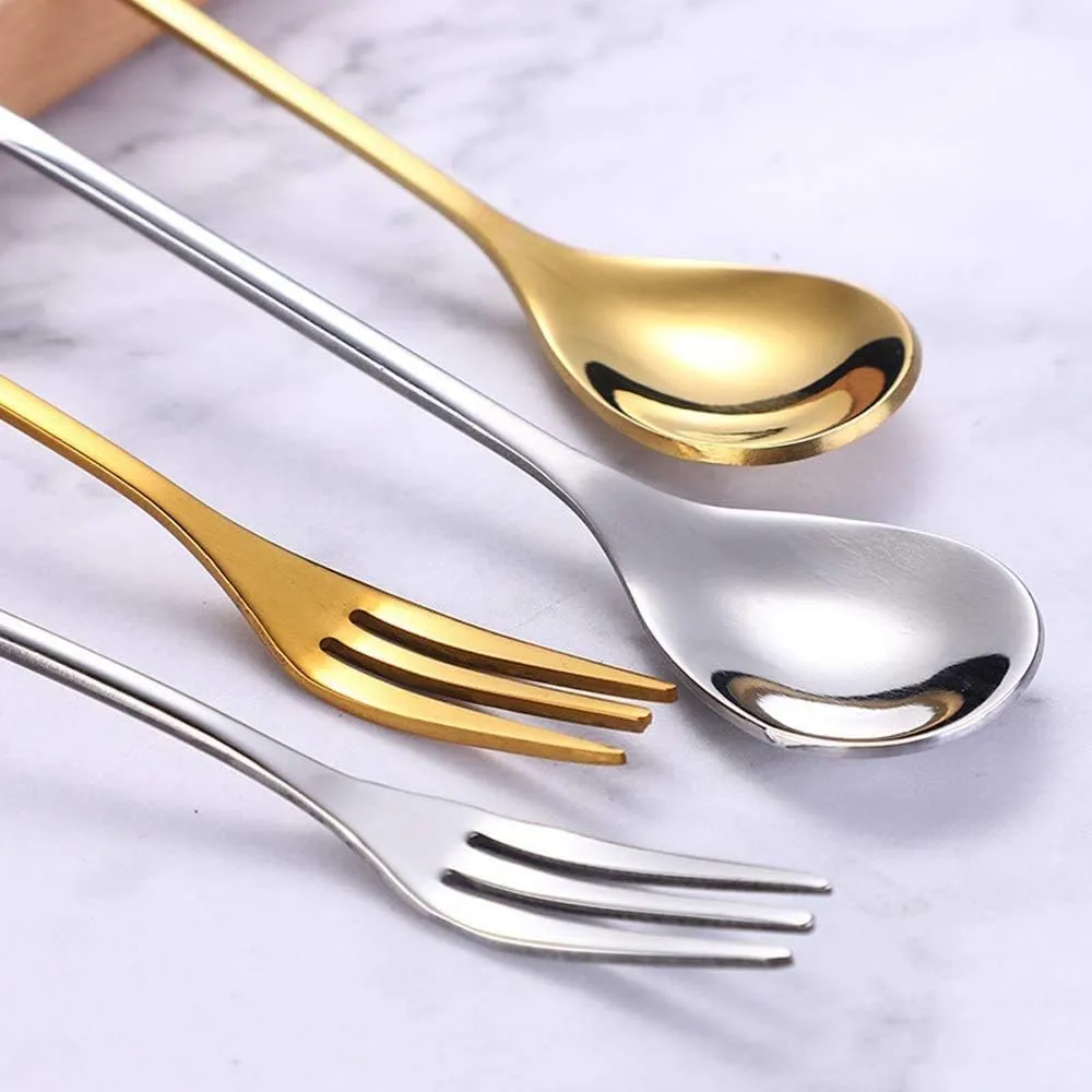 AnSaw 10-Pc Silver Mini Spoons & Forks Set, 4.7" - Stainless Steel, Leaf Handle, Ideal for Coffee,Tea, Appetizers, Tastings, Parties, Charcuterie & Cocktails
