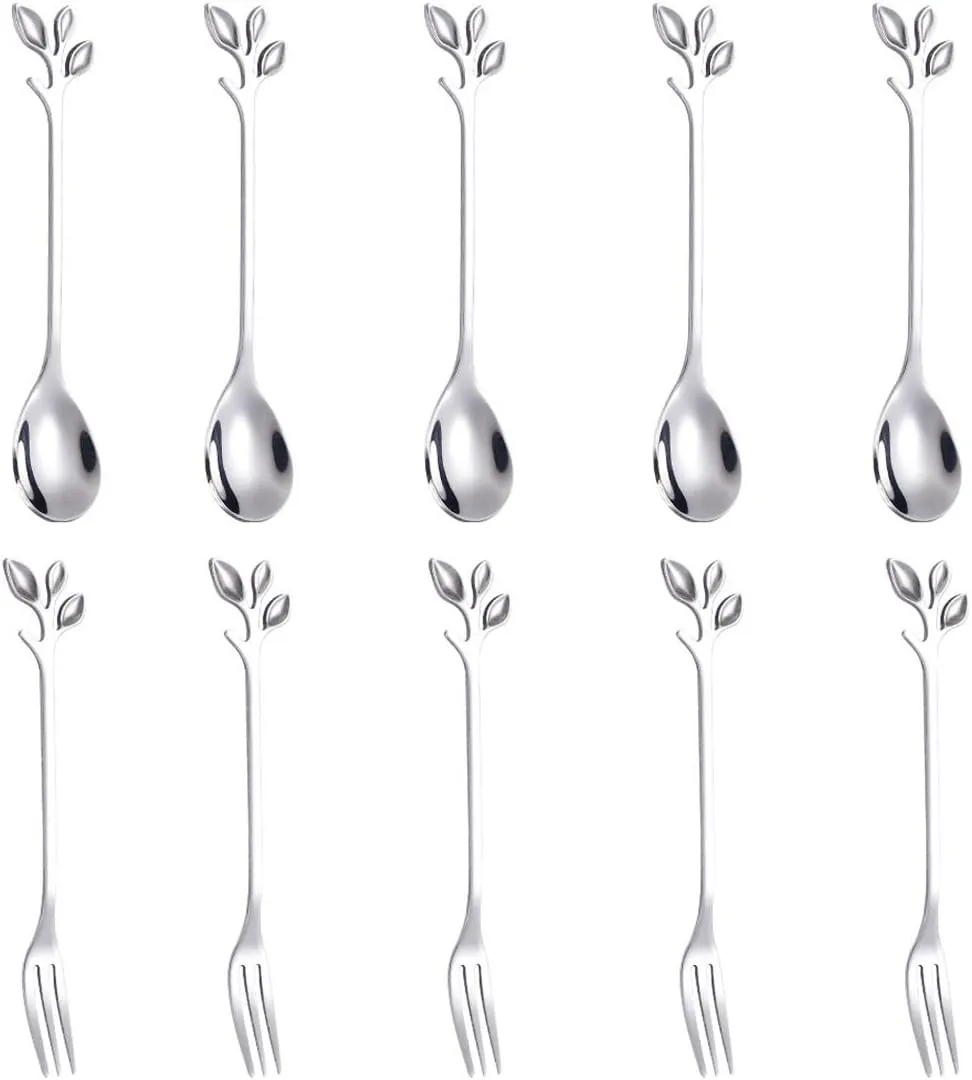 AnSaw 10-Pc Silver Mini Spoons & Forks Set, 4.7" - Stainless Steel, Leaf Handle, Ideal for Coffee,Tea, Appetizers, Tastings, Parties, Charcuterie & Cocktails