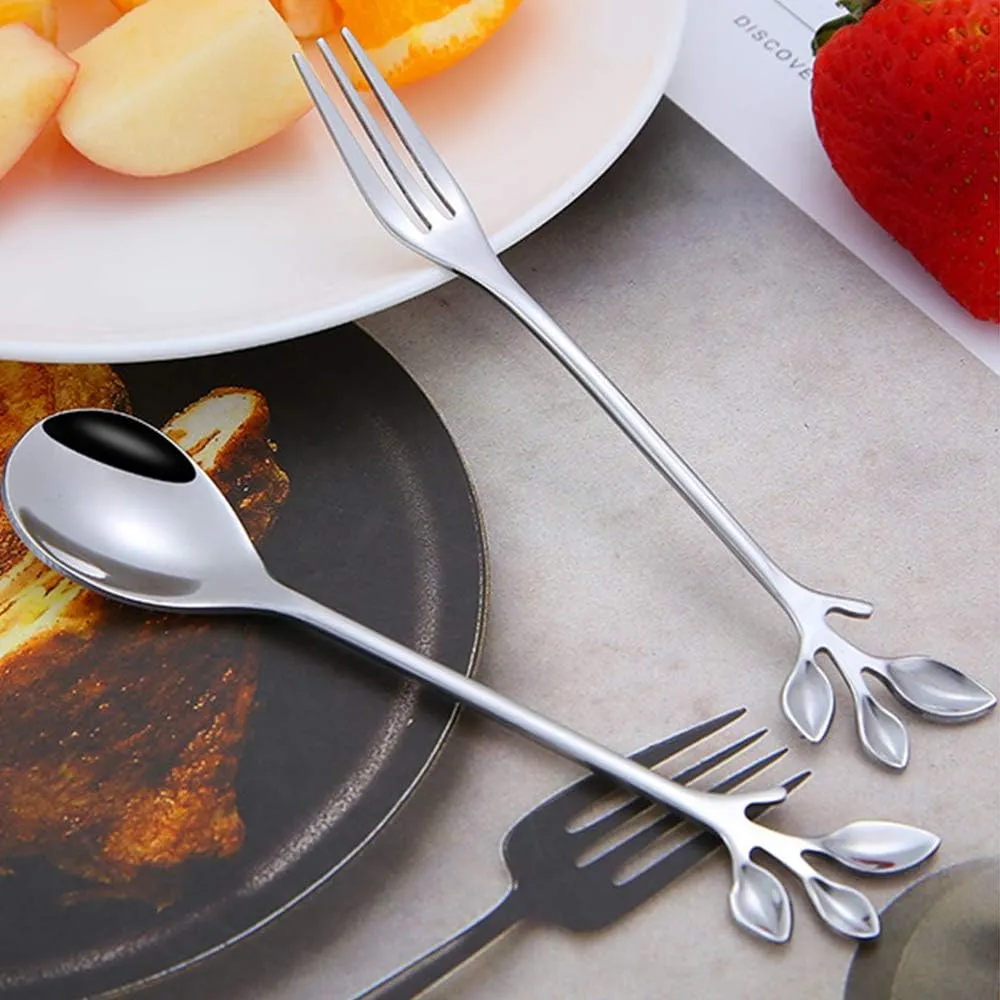 AnSaw 10-Pc Silver Mini Spoons & Forks Set, 4.7" - Stainless Steel, Leaf Handle, Ideal for Coffee,Tea, Appetizers, Tastings, Parties, Charcuterie & Cocktails