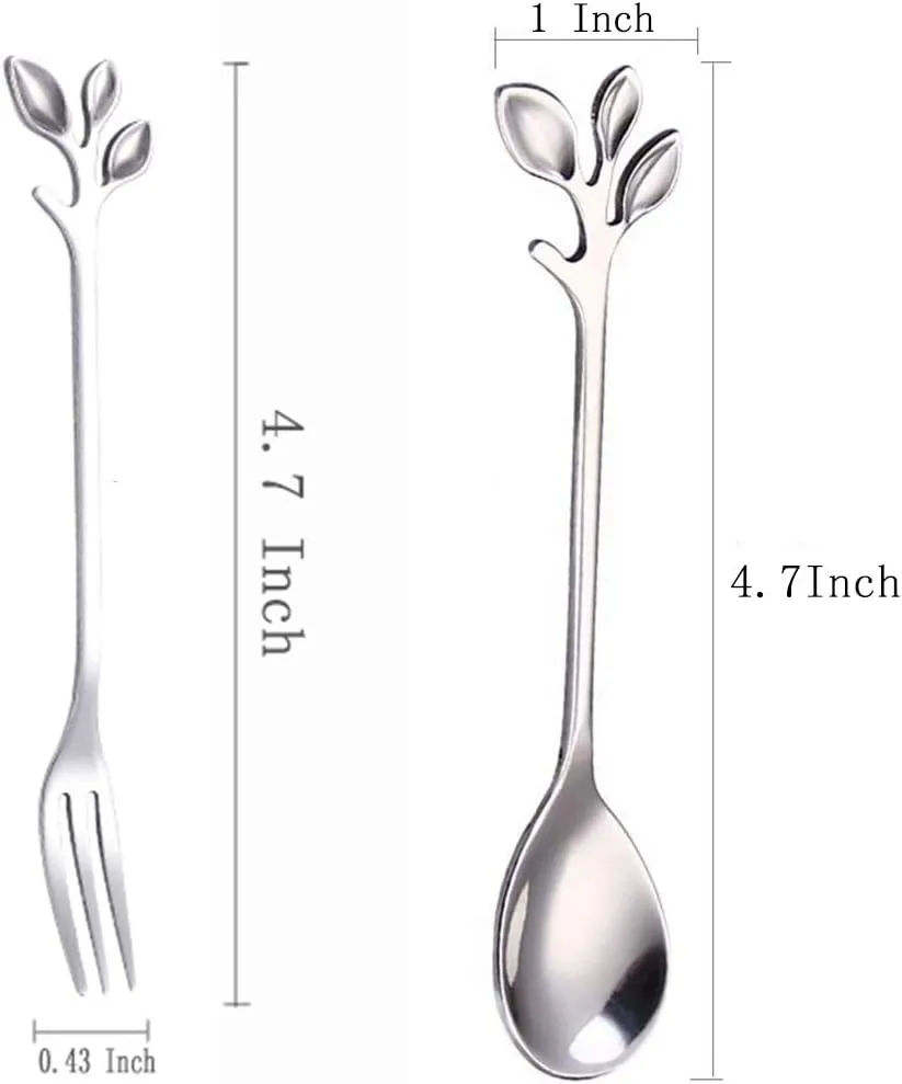 AnSaw 10-Pc Silver Mini Spoons & Forks Set, 4.7" - Stainless Steel, Leaf Handle, Ideal for Coffee,Tea, Appetizers, Tastings, Parties, Charcuterie & Cocktails