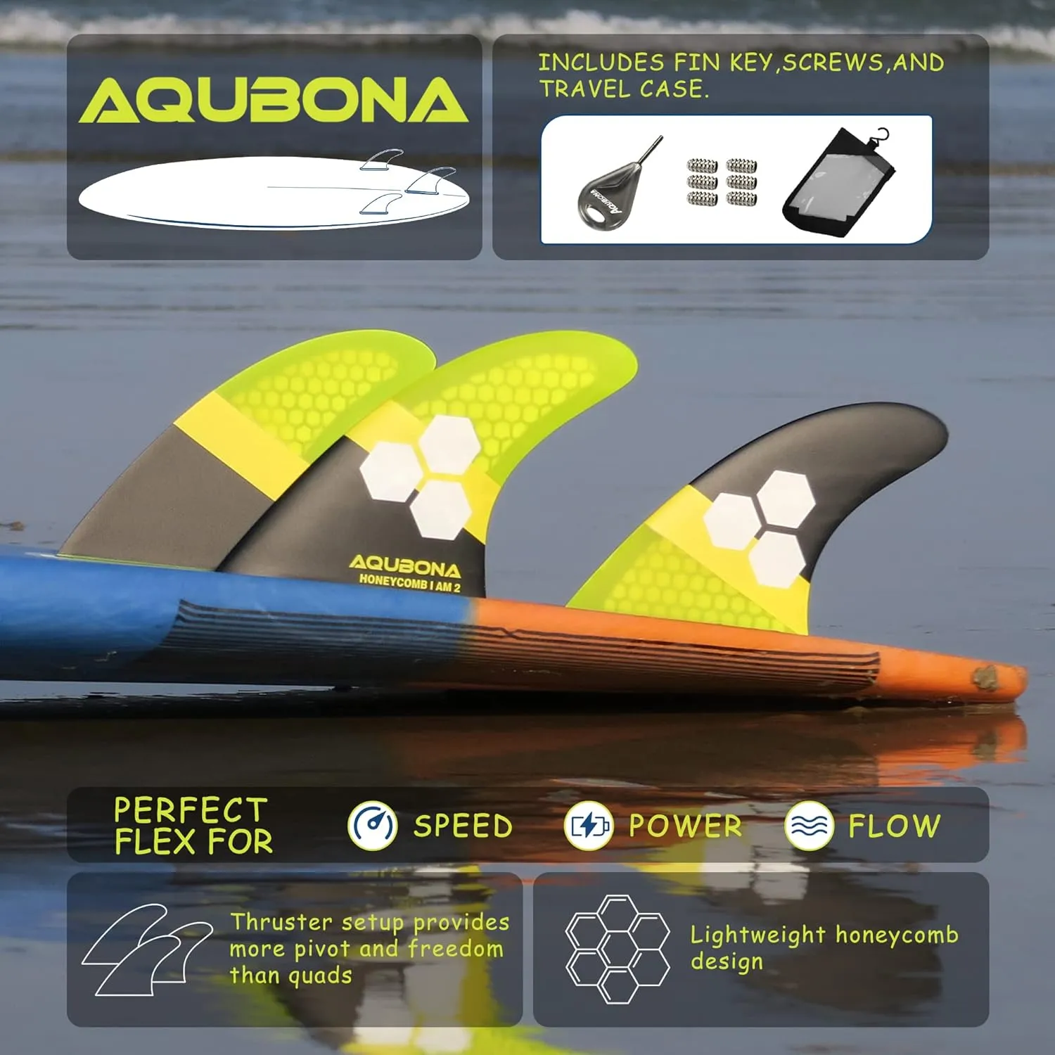 AQUBONA Dual Tab II G5 Tri Fin Set Surfboard Fins Fiberglass Fins for Surfing with Fin Bag Key Screw (Yellow, Single Tab) (Yellow)