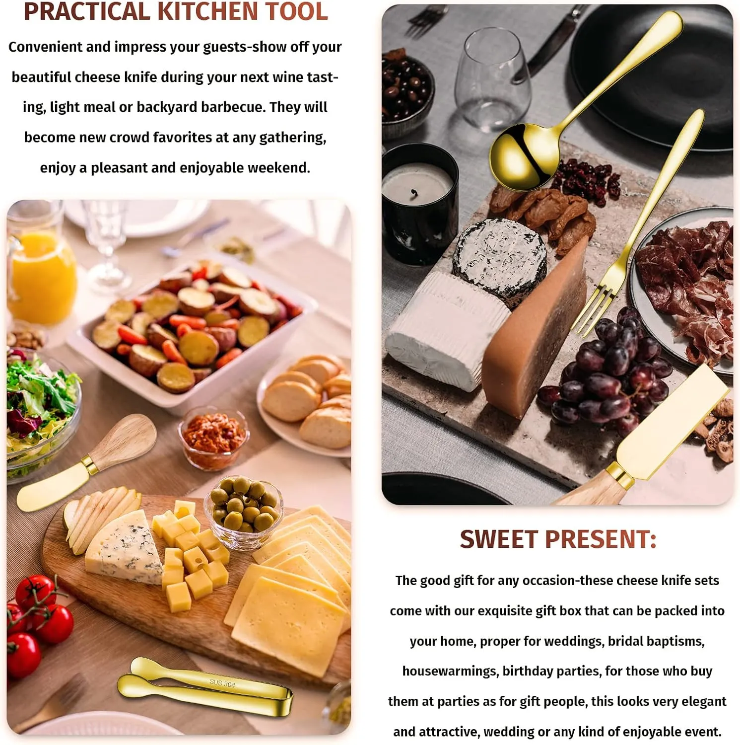 Charcuterie Board Accessories Spreader Knife Set Cheese Butter Spreader Knife Charcuterie Utensils with Wooden Handles Mini Serving Tongs Spoons Forks for party Wedding Christmas (Gold, 20 Pieces)