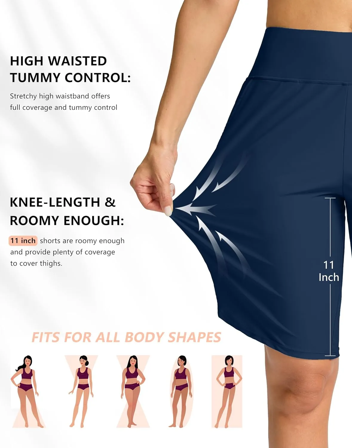 G Gradual Women's High Waisted Swim Board Shorts 11" Knee Length Beach Swimming Long Shorts for Women with Pockets Liner