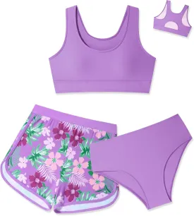 Girls Swimsuit 3 Piece Bikini Set with Shorts Tropical Floral Print Bathing Suit Girls' Swimwear 7-16T
