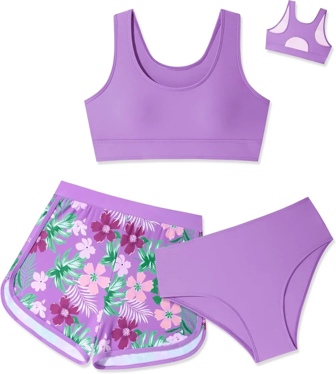 Girls Swimsuit 3 Piece Bikini Set with Shorts Tropical Floral Print Bathing Suit Girls' Swimwear 7-16T