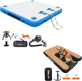 Inflatable Floating Dock Platform 8ft with 5ft Dog Water Ramp with Non-Slip EVA & Electric Pump, Multi-Person Floating Island Raft for Beach Lake Boating Ocean
