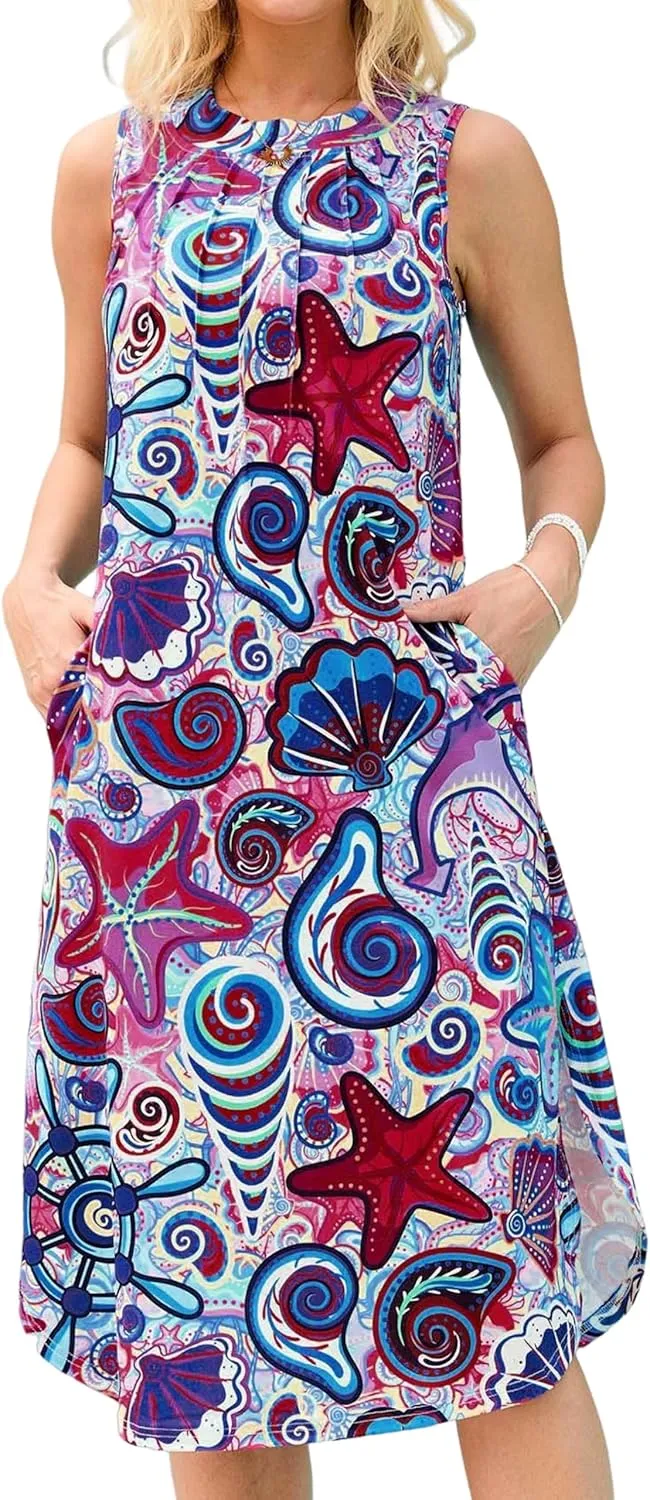 MAKABO Women's Sundress, 2025 Sleeveless Round Neck Casual Fashion Beach Tank Summer Dresses with Pockets Pleated Front Dress