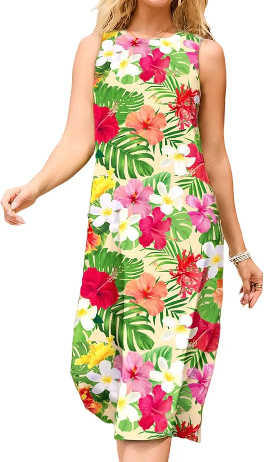 MAKABO Women's Sundress, 2025 Sleeveless Round Neck Casual Fashion Beach Tank Summer Dresses with Pockets Pleated Front Dress