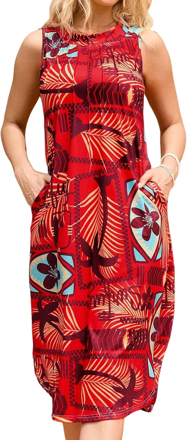 MAKABO Women's Sundress, 2025 Sleeveless Round Neck Casual Fashion Beach Tank Summer Dresses with Pockets Pleated Front Dress