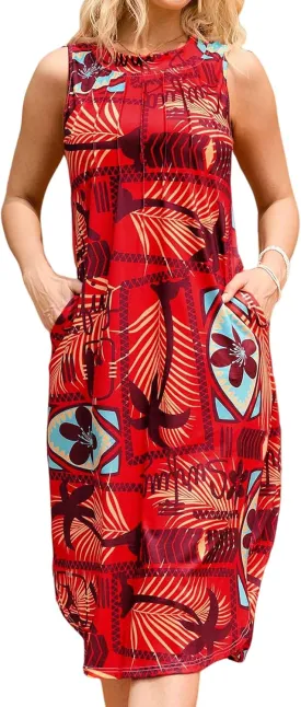 MAKABO Women's Sundress, 2025 Sleeveless Round Neck Casual Fashion Beach Tank Summer Dresses with Pockets Pleated Front Dress