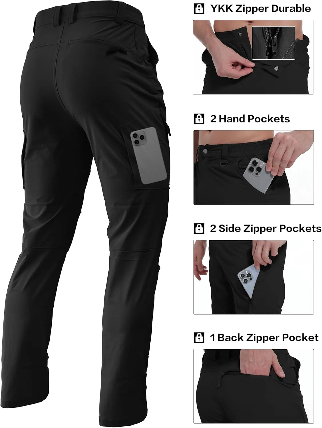 Men's Lightweight Hiking Pants Quick Dry Waterproof Stretch Travel Fishing Camping Work Cargo Pants Zipper Pockets