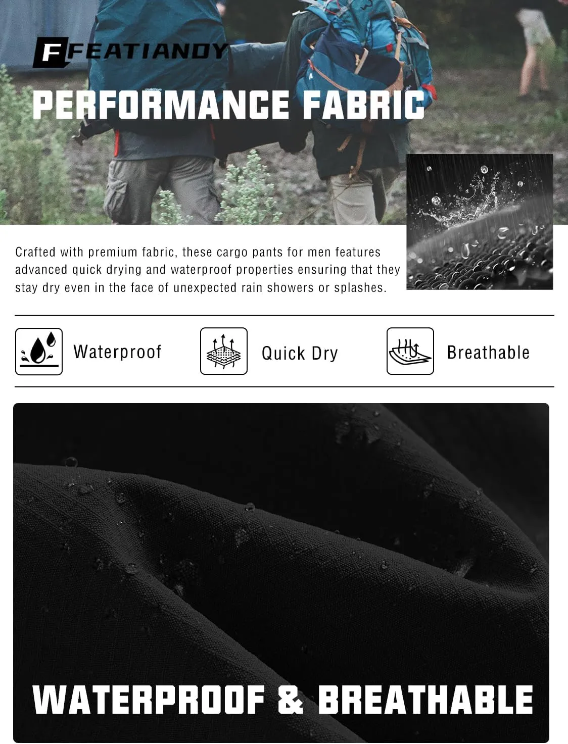Men's Lightweight Hiking Pants Quick Dry Waterproof Stretch Travel Fishing Camping Work Cargo Pants Zipper Pockets