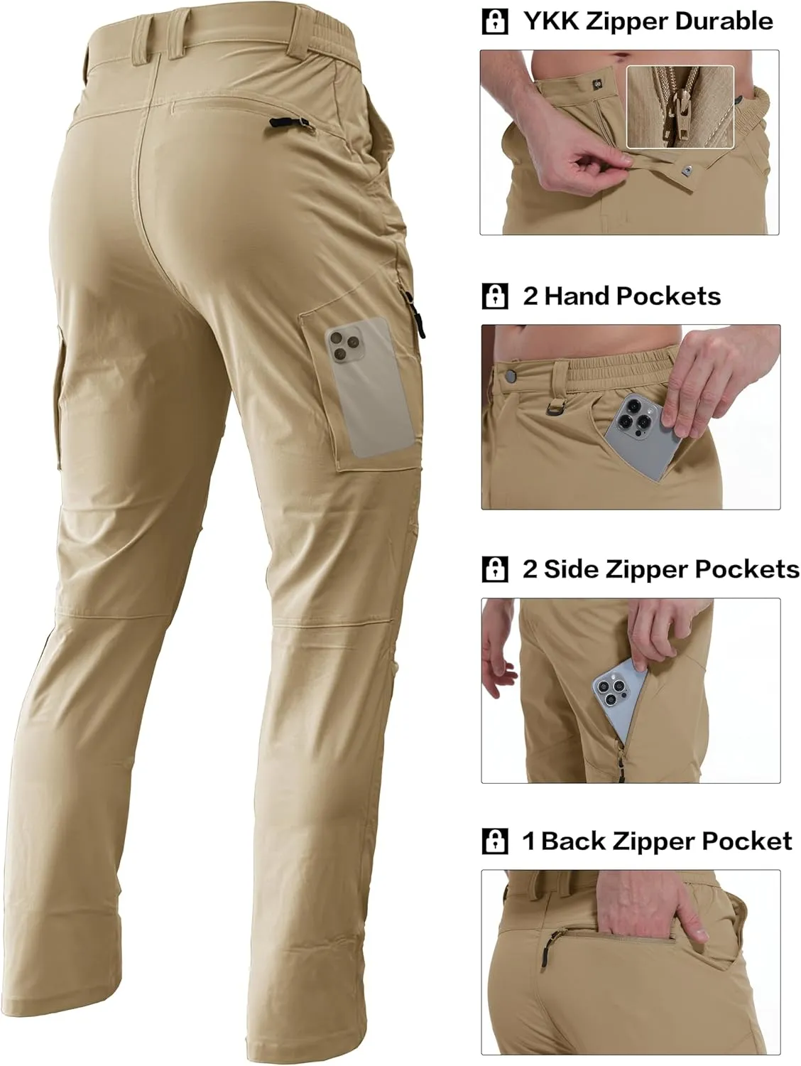 Men's Lightweight Hiking Pants Quick Dry Waterproof Stretch Travel Fishing Camping Work Cargo Pants Zipper Pockets