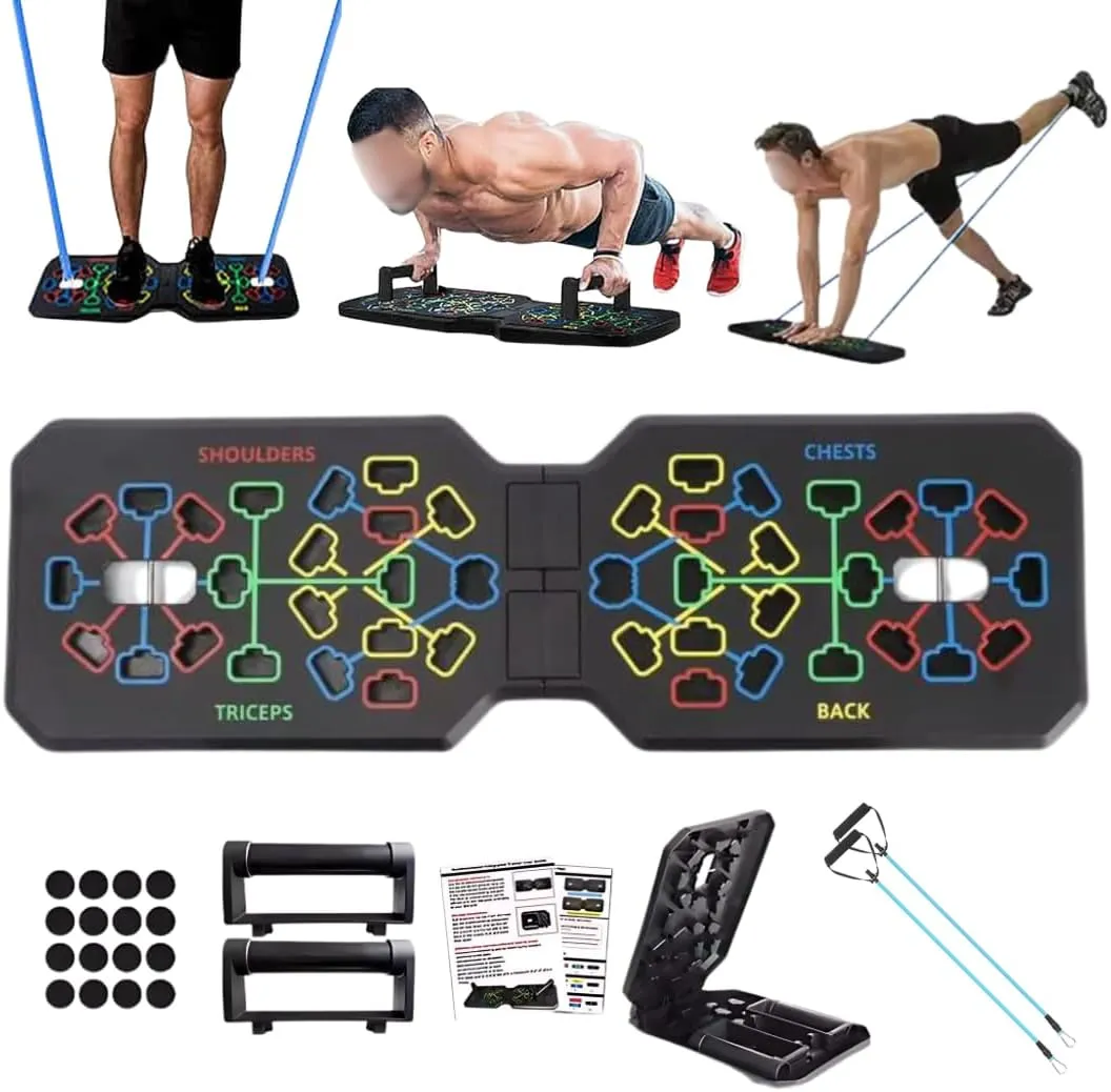 Push Up Board System With Resistance Bands, Portable Home Gym Equipment, Foldable Full Body Workout Board with Color-Coded Muscle Targeting, Workout at Home & Gym