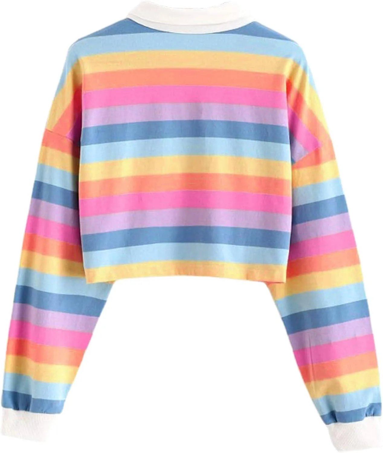 Remidoo Women's Collared Half Button Long Sleeve Striped Crop Top Sweatshirt