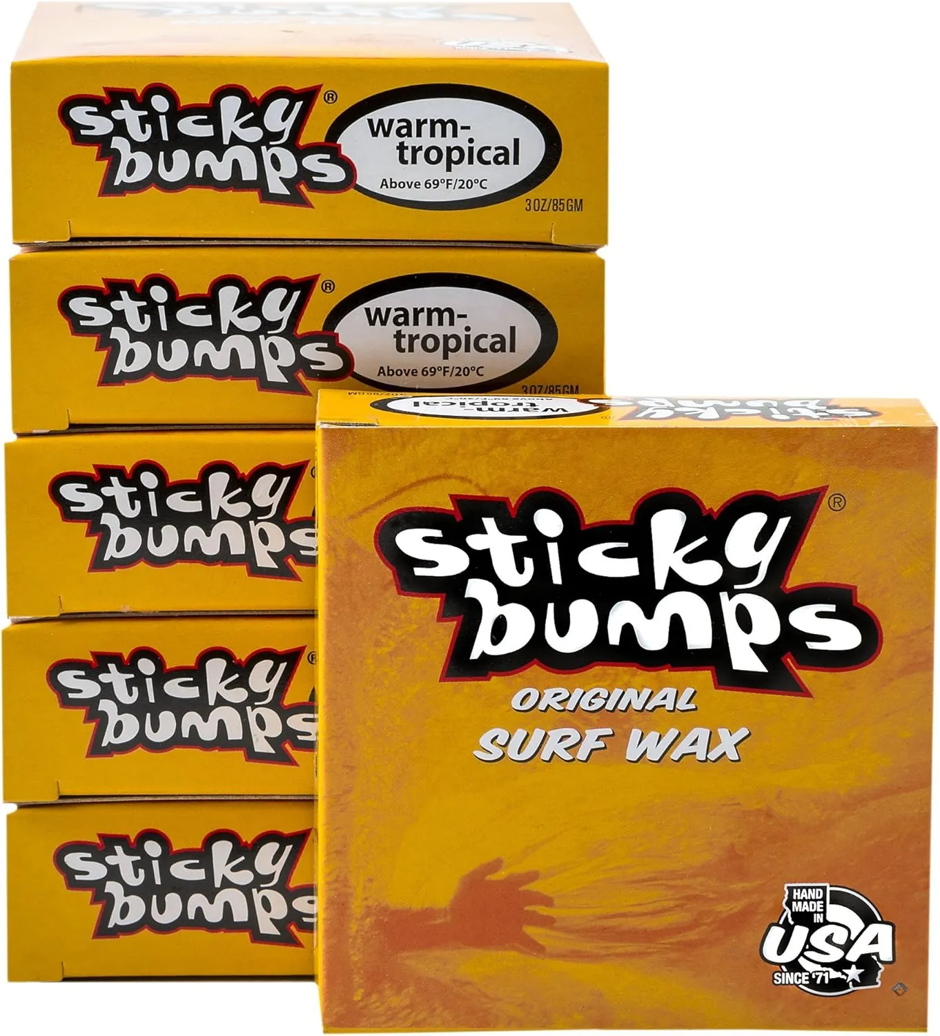 Sticky Bumps Warm/Tropical Surf Wax - 6 Pack | Long-Lasting Surfboard Wax | Great Bump Building for Surfing | Non-Toxic, Nature-Safe | Warm Water Surf Wax for Temps 69F/20C and Above