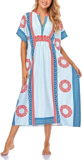 Women V-Neck Bikini Cover Up Ethnic Print Casual Dress Long Caftan Loungewear