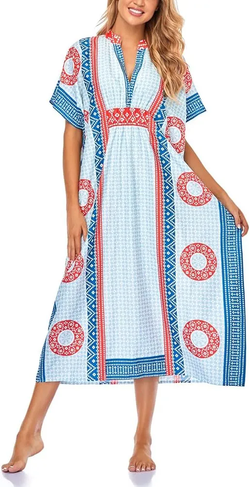 Women V-Neck Bikini Cover Up Ethnic Print Casual Dress Long Caftan Loungewear