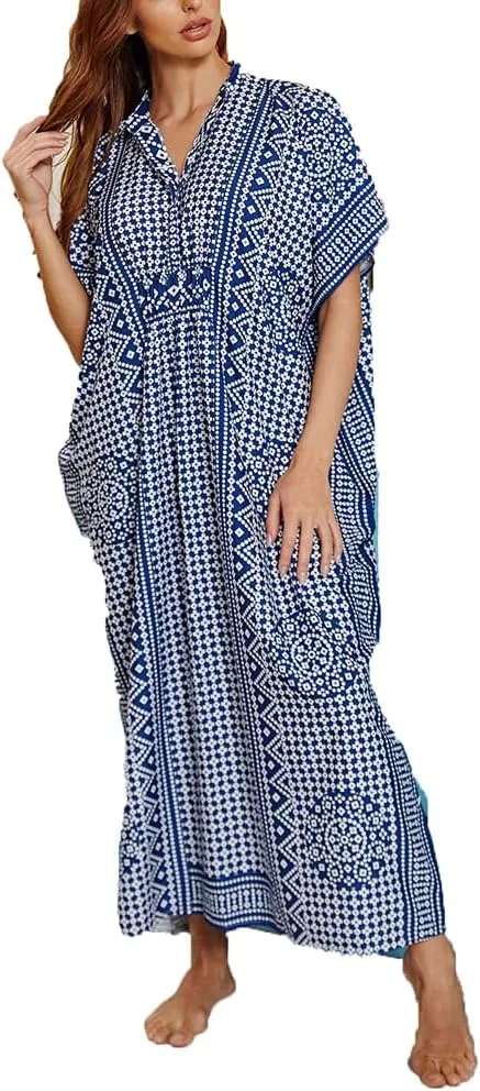 Women V-Neck Bikini Cover Up Ethnic Print Casual Dress Long Caftan Loungewear