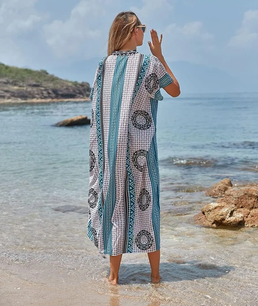 Women V-Neck Bikini Cover Up Ethnic Print Casual Dress Long Caftan Loungewear