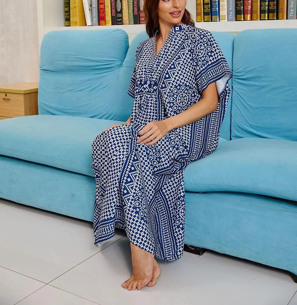 Women V-Neck Bikini Cover Up Ethnic Print Casual Dress Long Caftan Loungewear