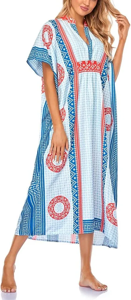 Women V-Neck Bikini Cover Up Ethnic Print Casual Dress Long Caftan Loungewear
