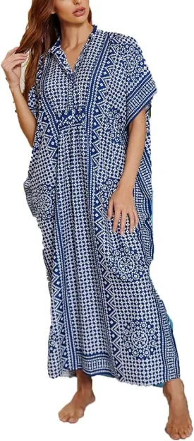 Women V-Neck Bikini Cover Up Ethnic Print Casual Dress Long Caftan Loungewear