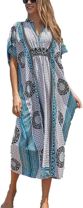 Women V-Neck Bikini Cover Up Ethnic Print Casual Dress Long Caftan Loungewear
