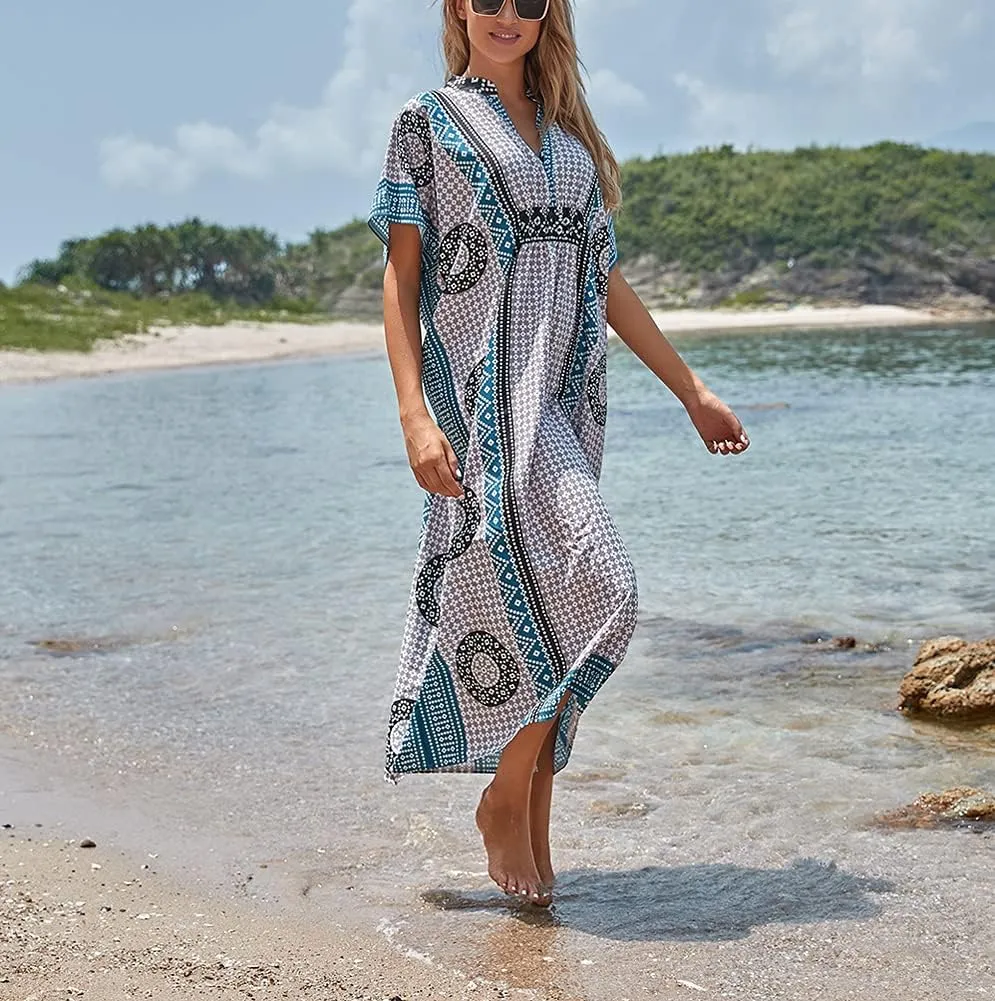 Women V-Neck Bikini Cover Up Ethnic Print Casual Dress Long Caftan Loungewear