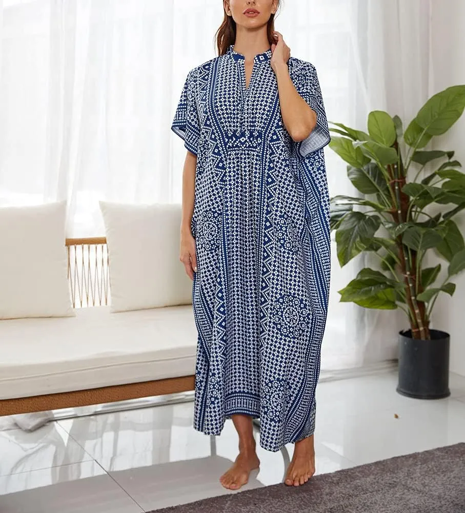 Women V-Neck Bikini Cover Up Ethnic Print Casual Dress Long Caftan Loungewear