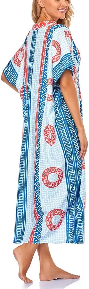 Women V-Neck Bikini Cover Up Ethnic Print Casual Dress Long Caftan Loungewear