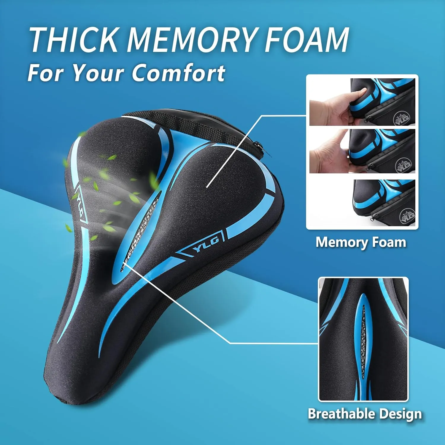 YLG Bike Seat Cover, Memory Foam & Gel Bike Seat Cushion Cover for Men Women, Comfortable Bicycle Seat Cover for Peloton/Fixed/Cruiser/Indoor/Outdoor Bike seat with Waterproof Cover